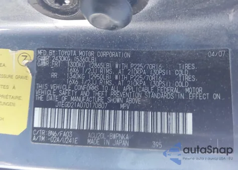 2007 Toyota Highlander z USA, uszkodzony, nr VIN JTEGD21A070170807